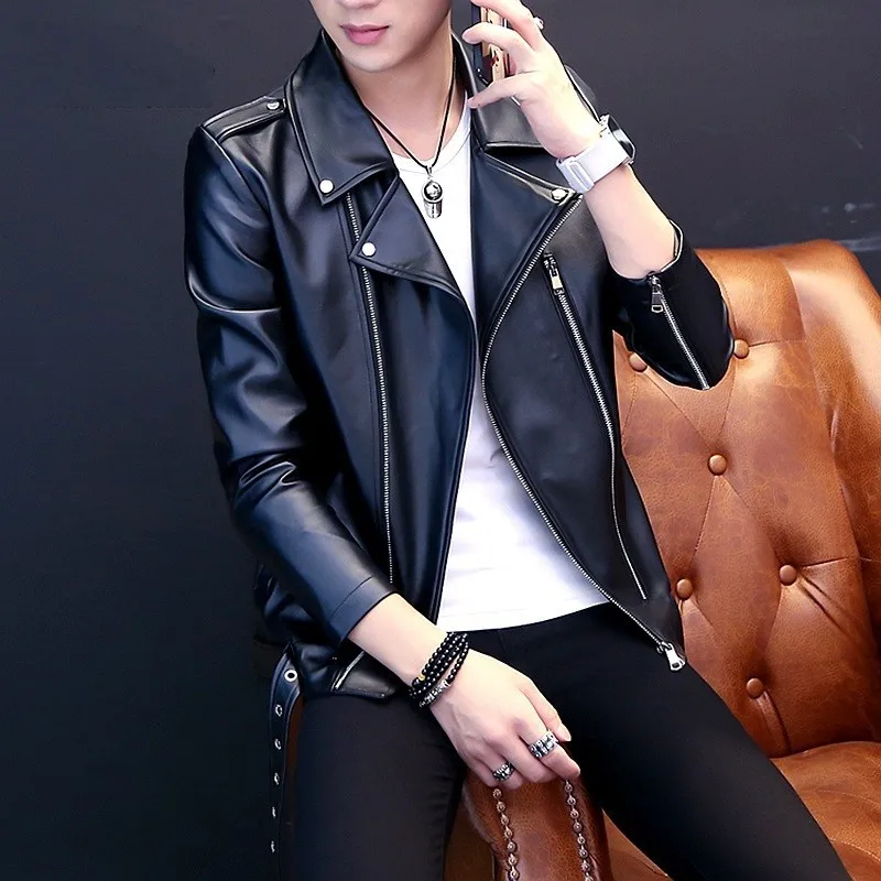 ฤดูใบไม้ร่วงหล่อ Mens Slim Fit Pu หนัง Punk สไตล์ Biker Faux หนัง Outwear ผู้ชายบุคลิกภาพซิปเสื้อสีขาว