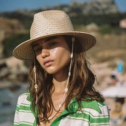 2022 nuovi cappelli da spiaggia con perline conchiglie con catena per donna moda cappelli da sole Fedora intrecciati in paglia cappello estivo Panama