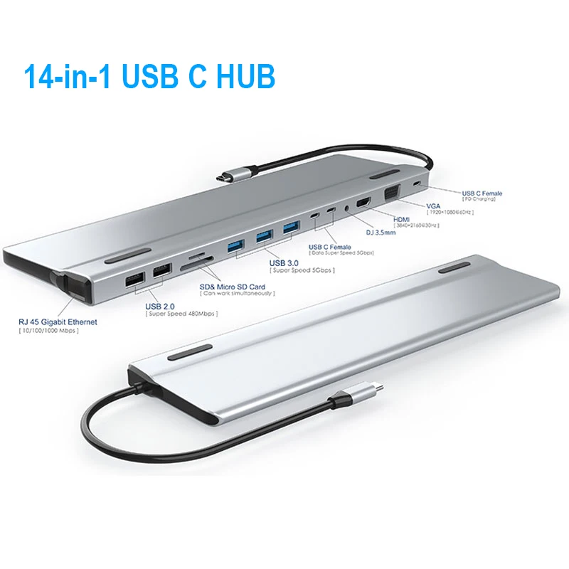 

Док-станция 14 в 1 с Usb 3,0 Type C, док-станция с USB c на HDMI, VGA, TF/SD кардридер, RJ45 PD аудио для MacBook Pro, Huawei, Matebook