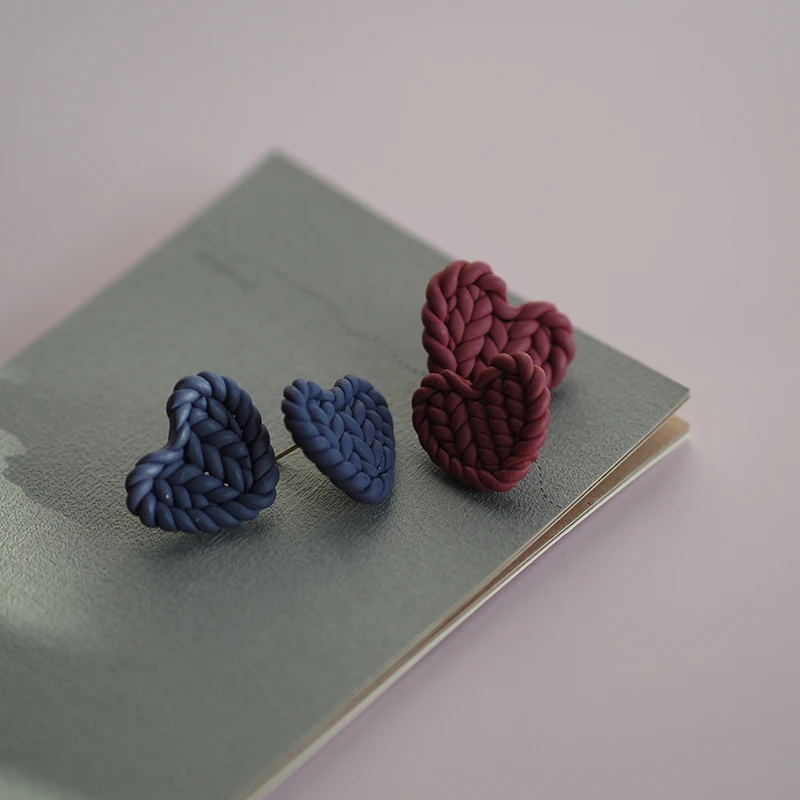 Cozy Knitted Texture Heart Studs Sweater Pattern Polymer Clay Earrings Small Love Heart Jewelry Handcrafted Sweet Daily Wear