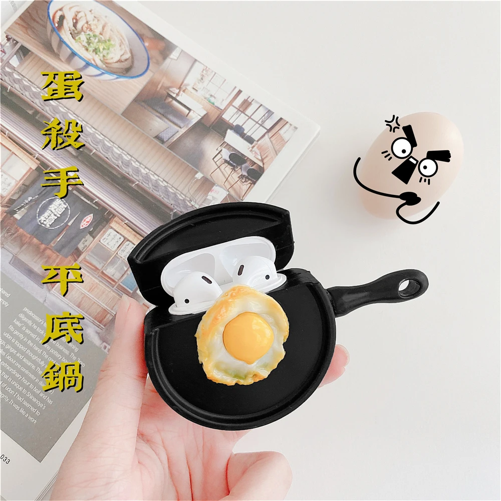 NEW 3D cute cartoon Fry eggs in a pan Earphone Case for AirPods pro 2 1 Charging Box Protective Cover with Hooks Strap KeyChain