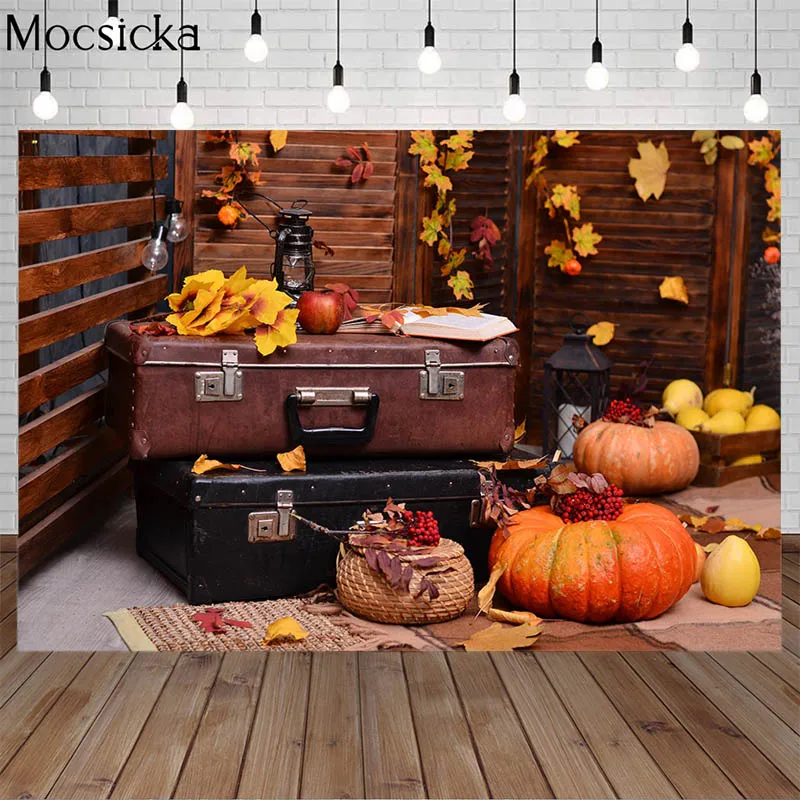 Mocsicka Autumn Harvest Photography Background Pumpkin Maple Leaf Vintage Suitcase Props Child Portrait Backdrop Photo Studio