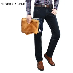 TIGER CASTLE Mens Winter Fleece Jeans Classic Stretch Warm Flannel Denim Pants Elastic Male Jeans Designer Men's Warm Trousers