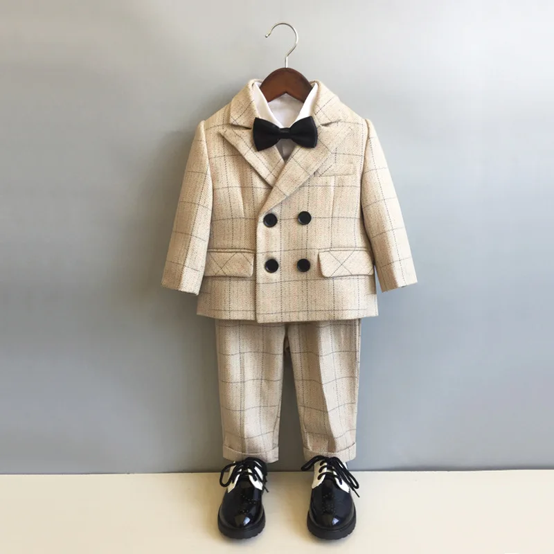 Child Formal British Plaid Dress Suits Set Spring And Autumn Boys Birthday Party Wedding Piano Show Costume Kids Blazer Pants