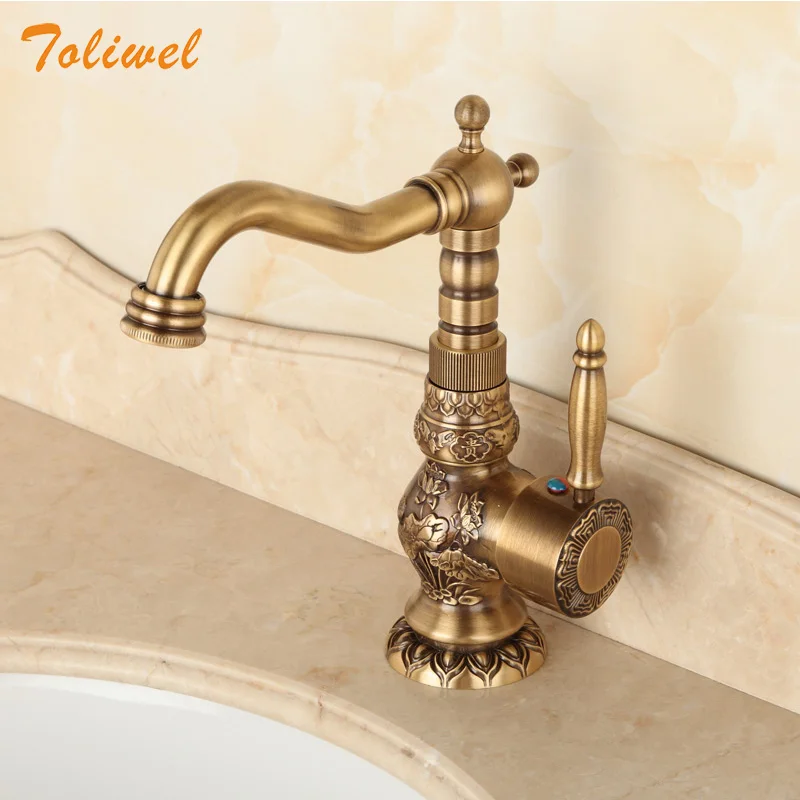 

Antique Brass Bathroom Faucet Lavatory Vessel Sink Basin Mixer Tap Swivel Spout Hot Cold Water Lever Handle