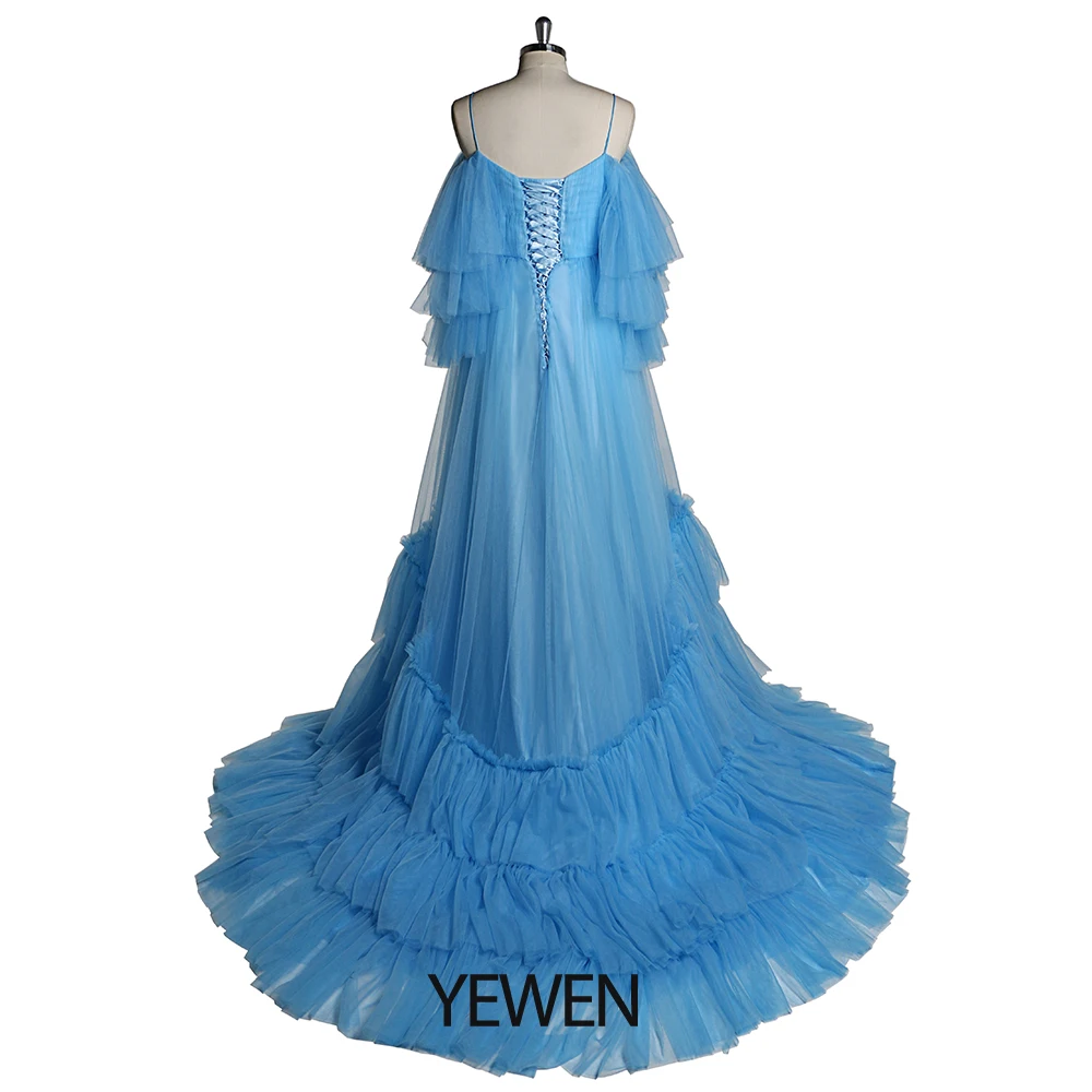 Blue Open Front Maternity Gown with Lining 2021 Tiered Long Sleeves Maternity Photography Dresses for Baby Shower YEWEN