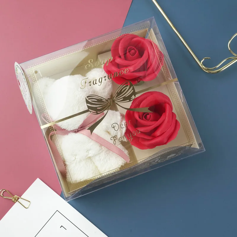 Coral Fleece Bear Towel Set with Transparent Gift Box, Bathroom Towels, Soap Flower, Business Holiday, Christmas, Wedding Gifts