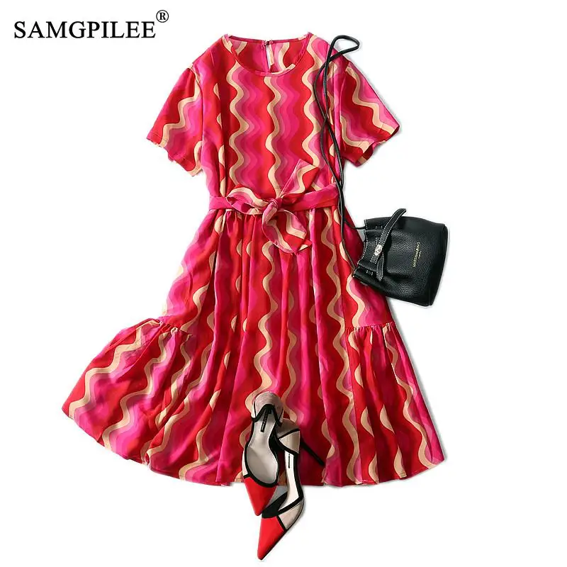 

2022 New Korean Style Women Dress Fashion Casual A-line Print Short Sleeve Sashes Knee-length O-neck Red Dresses 4XL