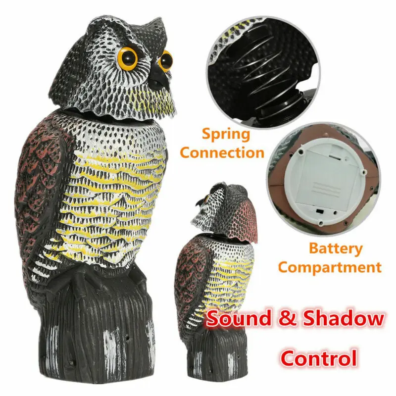 Faroot Realistic 360 Degree Rotating Bird Repellent Fake Owl Decoy Bird Scare Sound and Shadow Control Garden Yard Decor