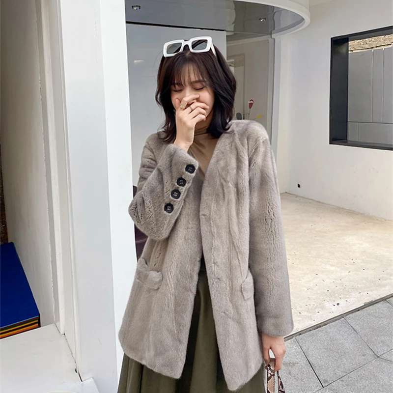 

Mink Whole Fur Women Long Coat with V-neck and belt Winter Thick Warm Female Mink Fur Jacket
