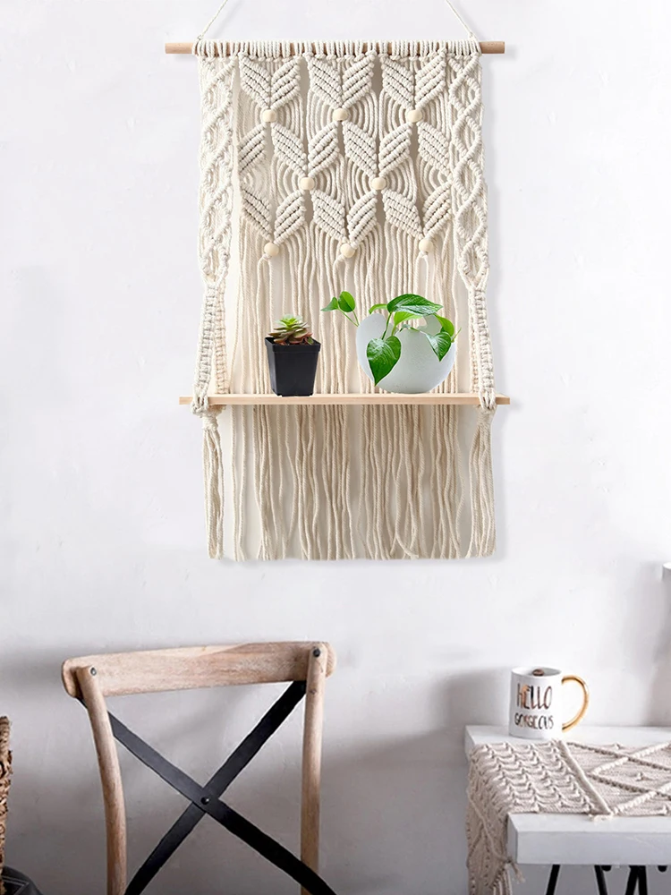 Nordic Hand-Woven Macrame Wall Hanging Rope Shelf Indoor Plant Rack Stand Bohemian Macrame Tapestry Home Decor Ornament