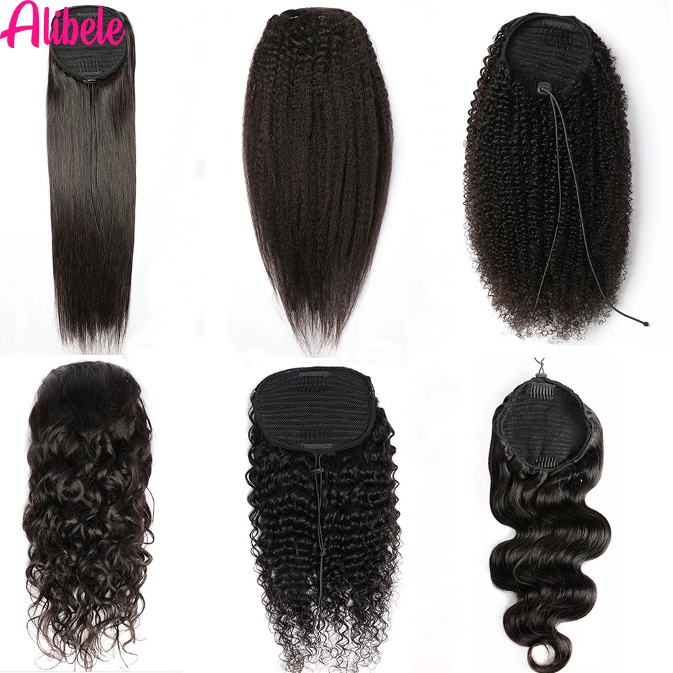 Alibele-extensiones de cabello humano mogolan Afro rizado, coleta con cordón, 4B, 4C, Remy, 10-28 pulgadas de largo, Clip en extensión de cola de caballo