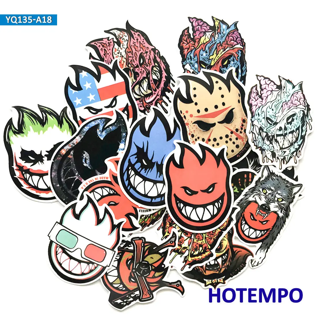 18pcs Funny Fire Spitfire Comics Art Skateboard Motorcycle Car Phone Laptop Stickers Pack for Luggage Guitar Bike Helmet Sticker