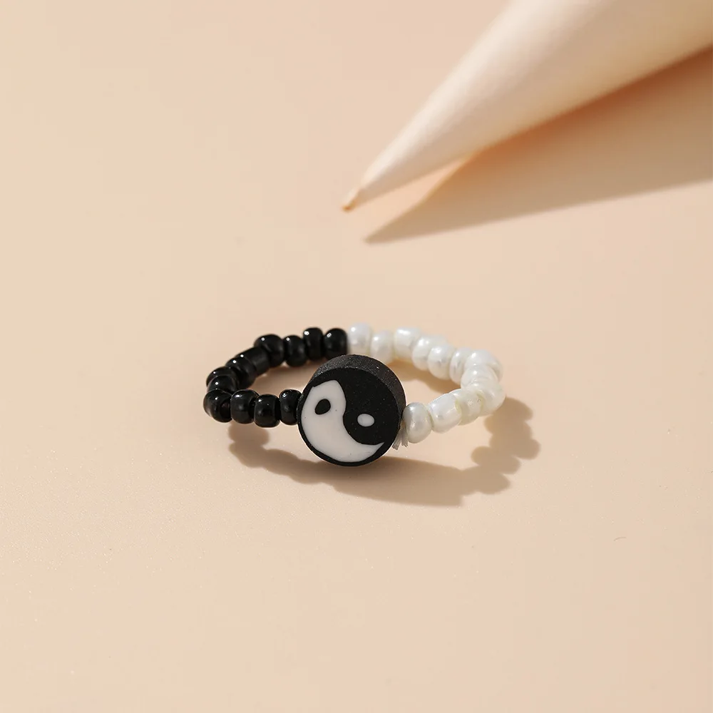 Yin Yang Resin Pearl Colorful Black White Tai Chi Color Contrast Bead Ring For Women Trendy Jewelry Personality Gift 2022 NEW