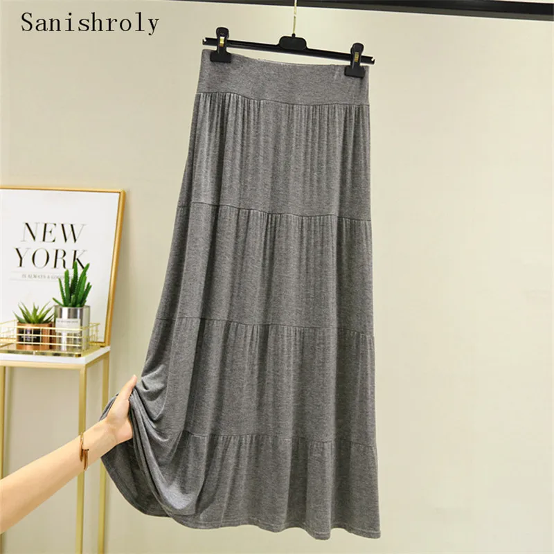 2022 Summer Autumn Women Long A Line Pleated Skirts Solid Elastic High Waist Modal Skirt Female Big Swing Maxi Skirt Saia SE1236