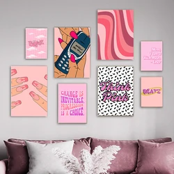 Pink Nail Phone Posters and Prints Girly Home Decor 90s Quote Canvas Painting Polka Dot Aesthetic Fashion Room Decor Pictures
