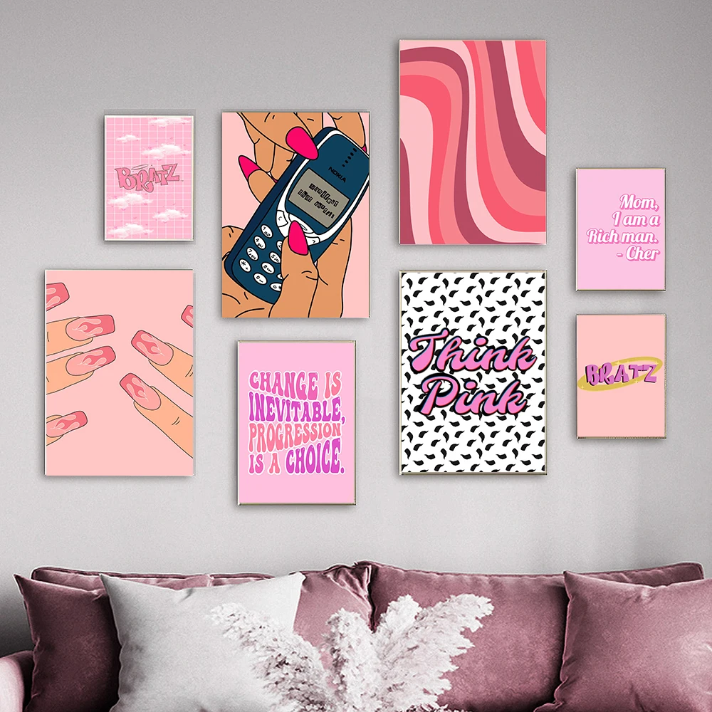 Pink Nail Phone Posters and Prints Girly Home Decor 90s Quote Canvas Painting Polka Dot Aesthetic Fashion Room Decor Pictures