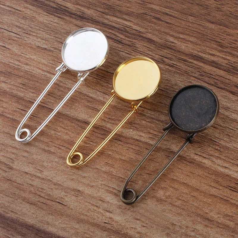 

200pcs Antique Bronze tone Safety pins with 12 14 16 18 20mm Round Bezel Cabochon Base Setting Brooch Pin Blanks DIY Jewelry