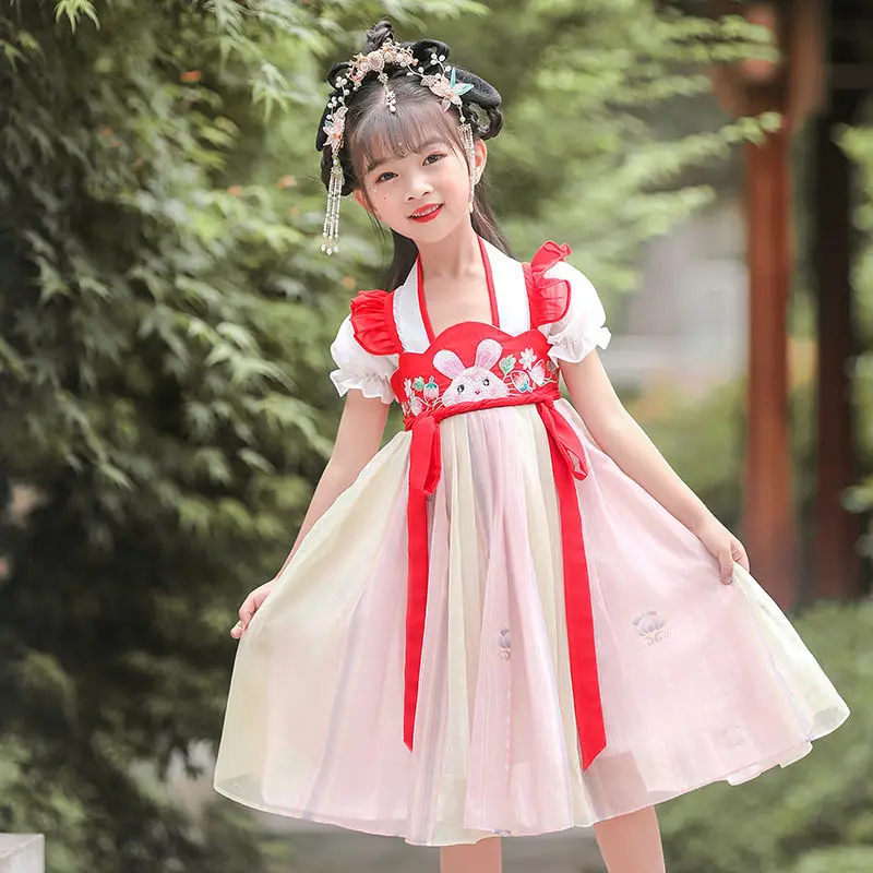 Nuovo stile cinese Retro Red Girls Hanfu Dress Fluffy Fairy Sweet Lovely Party Evening Princess Skirt Performance Vestido Clothes