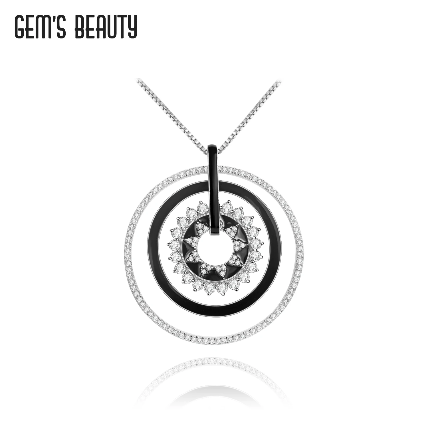 

GEM'S BEAUTY 925 Sterling Silver Enamel Necklace For Women Round Halo White Simulant Diamond Handmade Fashion Jewelry Pendant