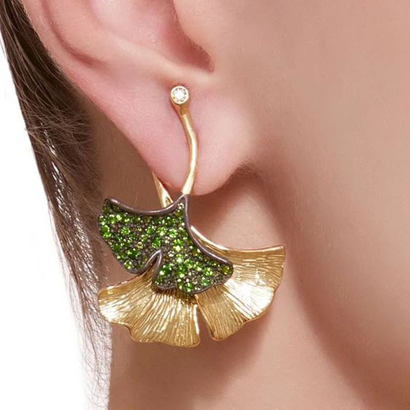 Boho cor de ouro brincos cristal verde ginkgo biloba folhas duplas gota para mulheres moda jóias finas o3d274
