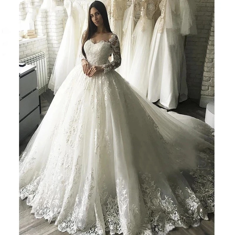 

New Gorgesous Long Sleeves Ball Gown Lace Wedding Dresses Bridal Gown Celebrity vestido De Noiva Luxury robe de mariee HOT SALE