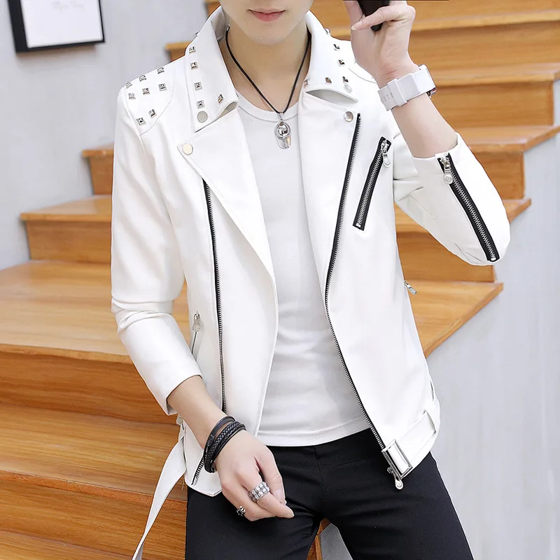 2023 Men's Rivet Lapel Oblique Zipper Slim Fit Trendy Handsome Casual Biker's Leather Jacket