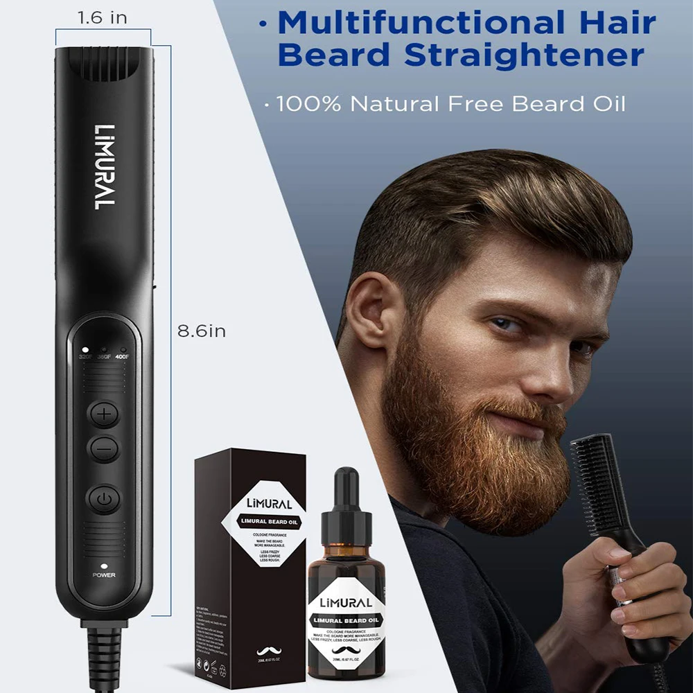 Limural Beard Straightener for Men 3 in 1 Beard Straightener Brush Portable Heated Beard Straightener for Travel & Home & Gift