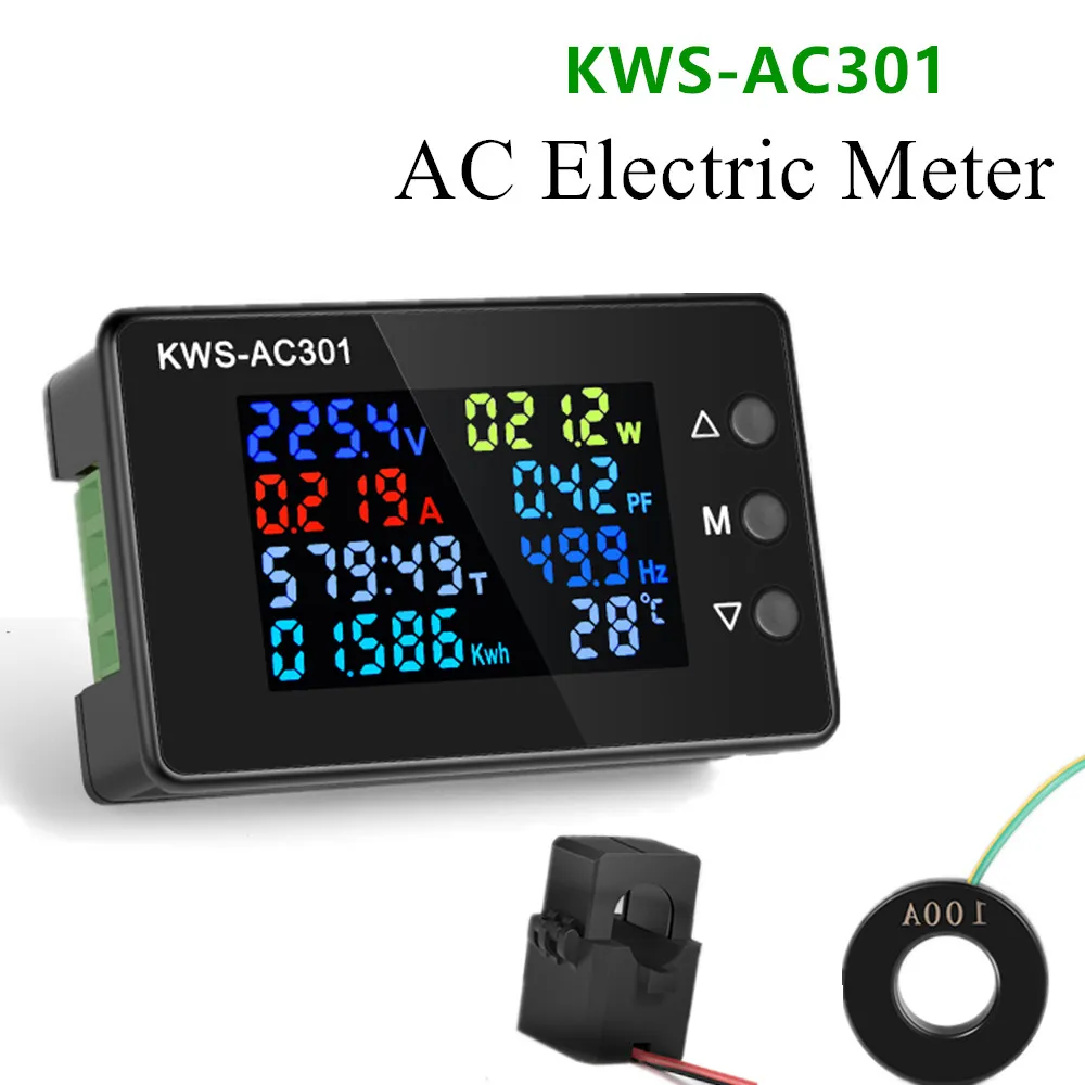 8 in 1 KWS-AC301 wattmetro misuratore di potenza AC 50-300V tensione 50-60HZ analizzatori di potenza 0-20/100A contatore elettrico