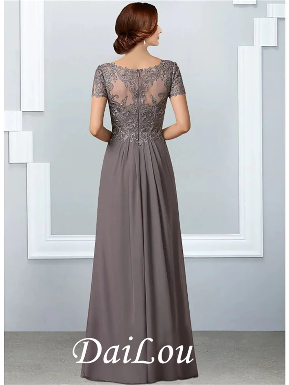 A-Line Mother of the Bride Dress Elegant V Neck Floor Length Chiffon Lace Short Sleeve with Pleats Appliques 2021