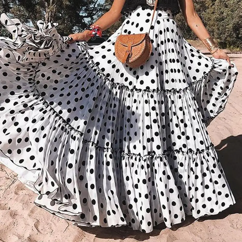 

High Waist Ruffled A Line Skirt Women Vintage Casual Big Swing Long Maxi Skirts Womens Polka Dot Splice Summer Beach Party Skirt