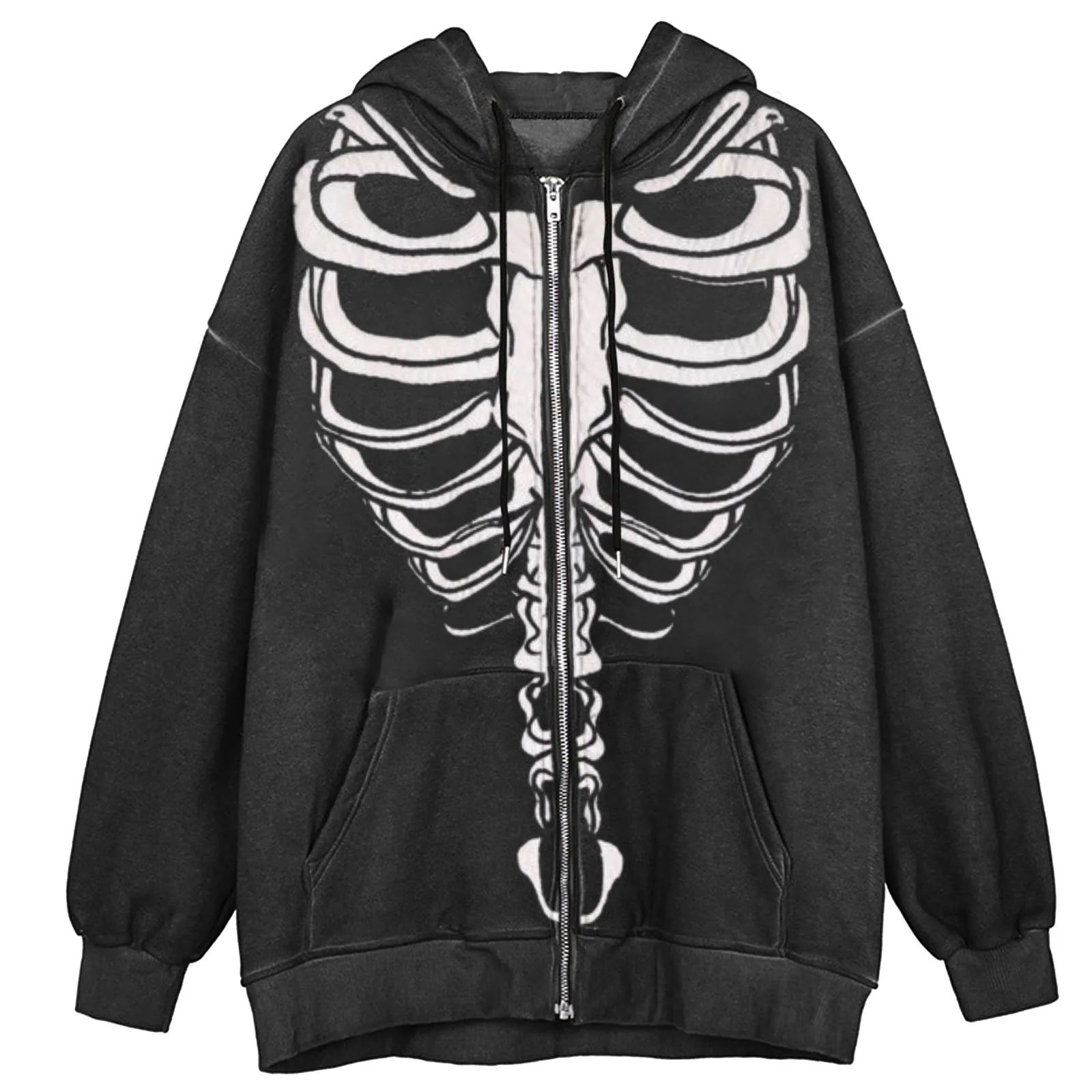 Harajuku Pop Womens Jacket Goth Skeleton Print Zip Up Hooded Coat With Pockets Hip Hop Jackets Streetwear Autumn Outwear