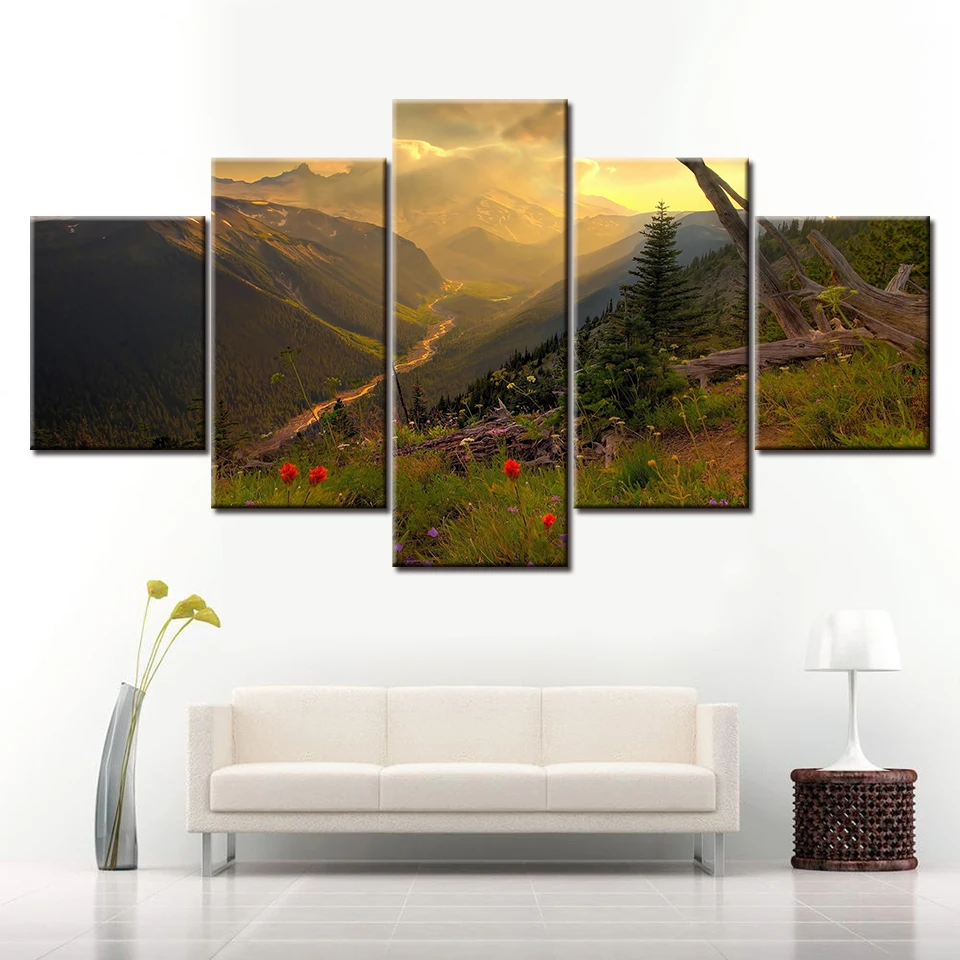 

5 pieces HD sunset and mountain landscape Nature wallpapers Wall Art Painting Poster Print for living room Home Decor