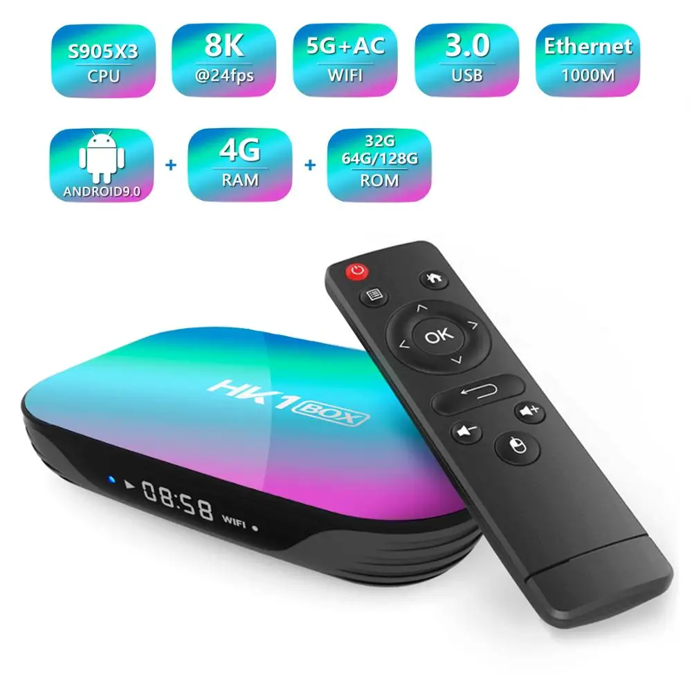 HK1 BOX 8K Smart TV Box Android 9.0 Amlogic S905X3 4GB RAM 128GB ROM 5G Dual WIFI 1000M Ethernet BT4.0 8K HDR H.265 Set Top Box