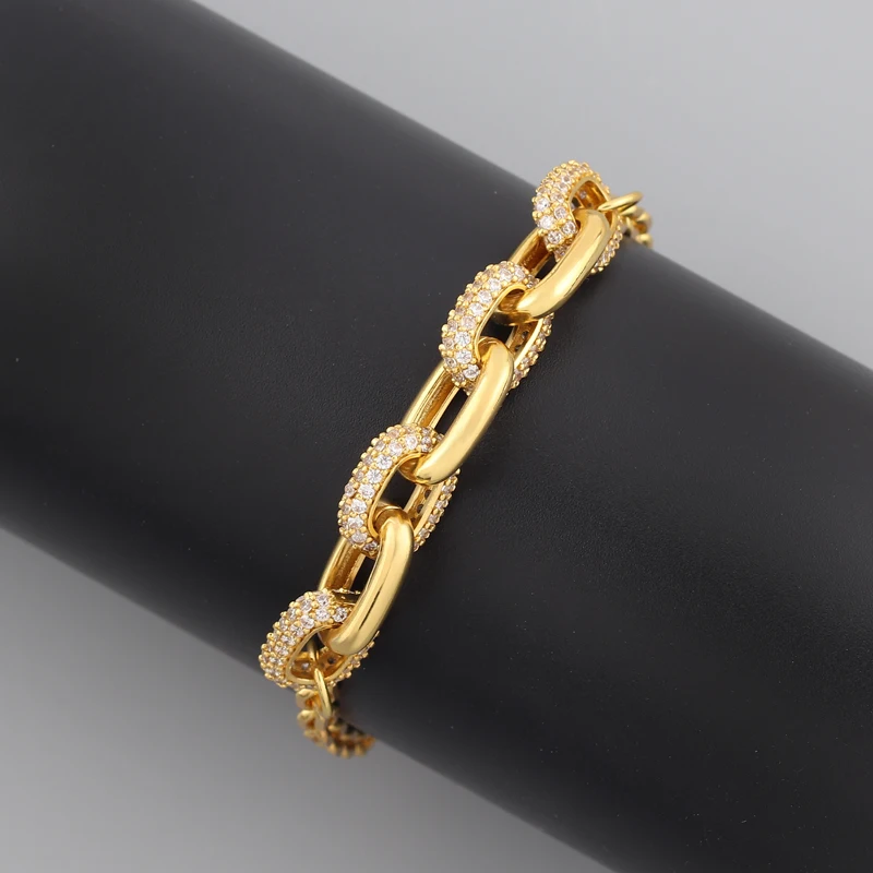 Femme Micro Pave Rhinestones Copper Gold Plated Chunky Chain Bracelet Fashion Jewelry For Women Punk Birthday Party Gift