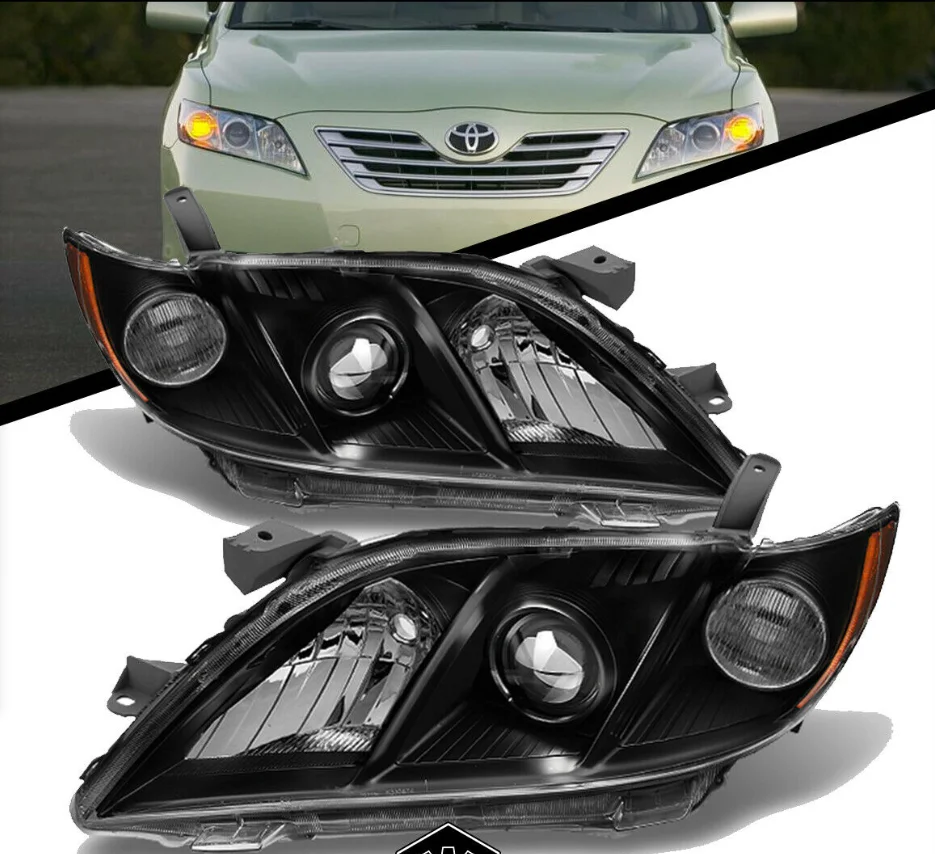 Headlight Assembly Compatible with 2007-2009 Camry Exclude Hybird Projector Black Housing Amber Reflector Clear Lens Headlamps