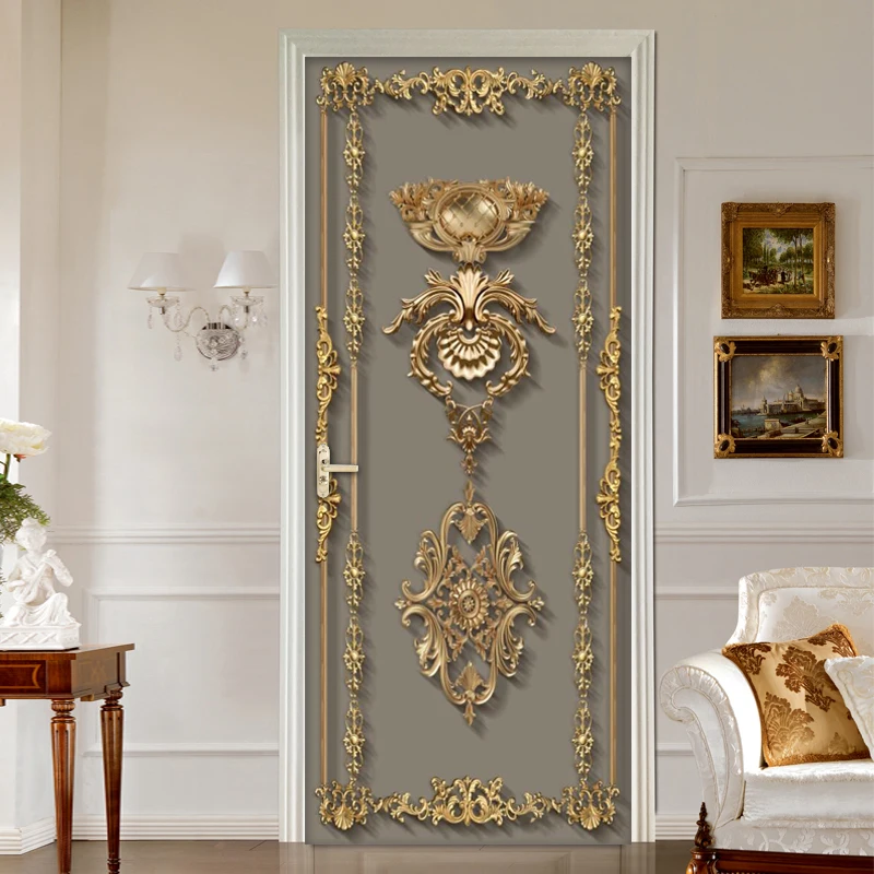 Self Adhesive Door Sticker Wallpaper 3D European Style Golden Flower Pattern Living Room Bedroom Door Mural Poster Wall Decals