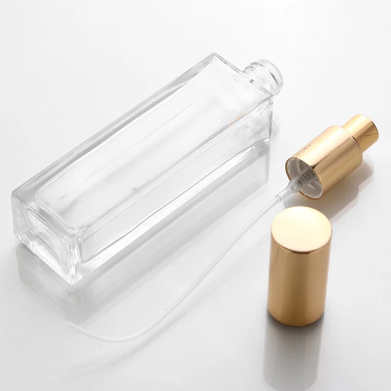 10pcs 50ml Transparent Glass Spray Bottle Sample Glass Vials Portable Perfume Atomizer Gold Silver Black Cap