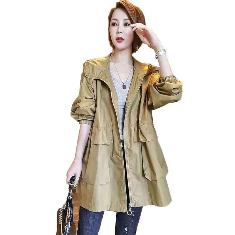 

2022 Women Windbreaker Jackets Mid-Length New Spring Autumn Casaco Feminino 3XL Thin Coat Loose Casual Hooded Jacket Female