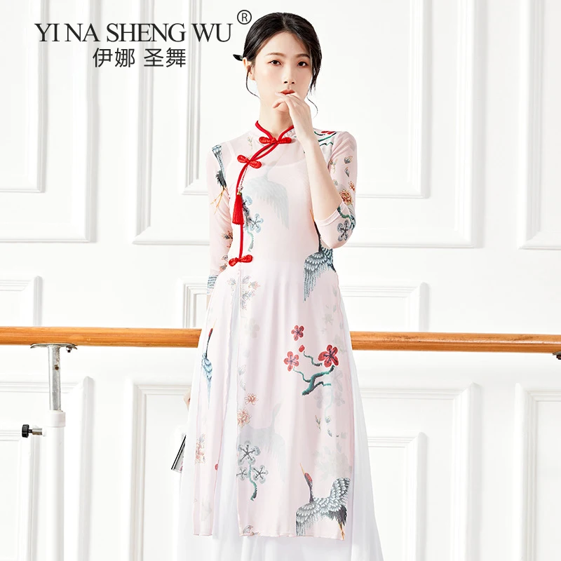 Chinese Classical Dance Cheongsam Phoenix Body Rhyme Basic Training Suit Light Weight Flowy Long Dress Practice Wear Pink Green