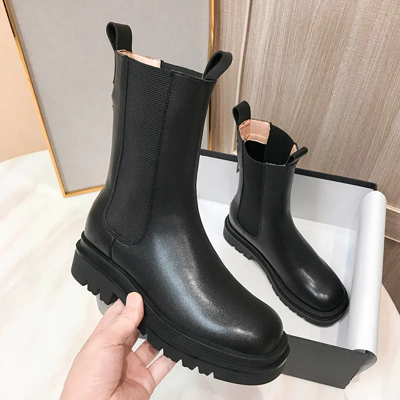 2024 Black Leather Platform Boots Women High Chunky Slip on Winter Shoes Autumn Round Toe Flat with Chelsea Boots for Women