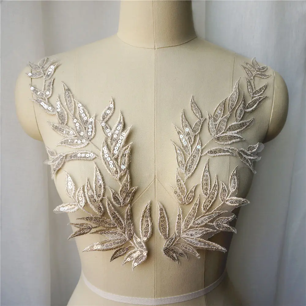 

2PCS Light Gold Leaf Leaves Lace Fabric Sequin Embroidered Gown Appliques Collar Sew Patches For Wedding Decoration Dress DIY