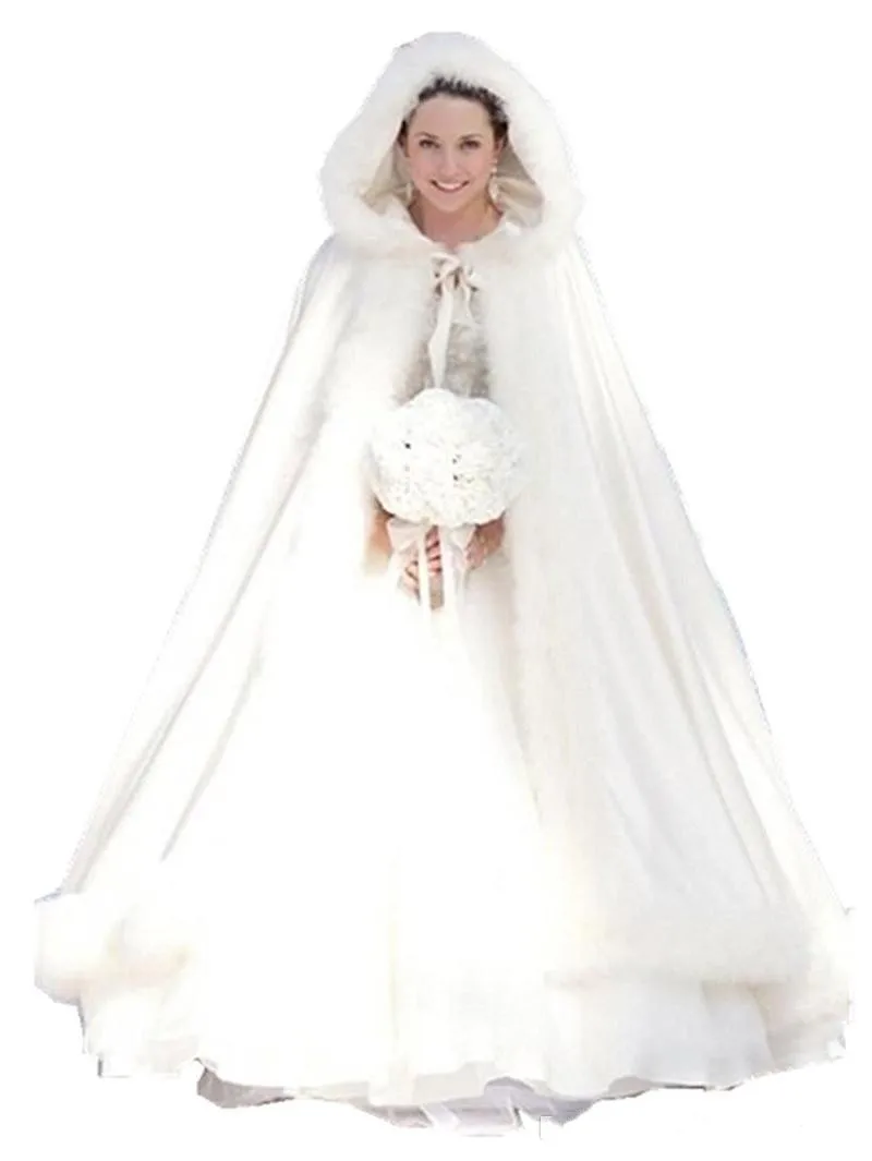 

Elegant White Ivory Warm Bridal Cape Winter Fur Women Jacket Bridal Floor Length Cloaks Long Party Wedding Coat