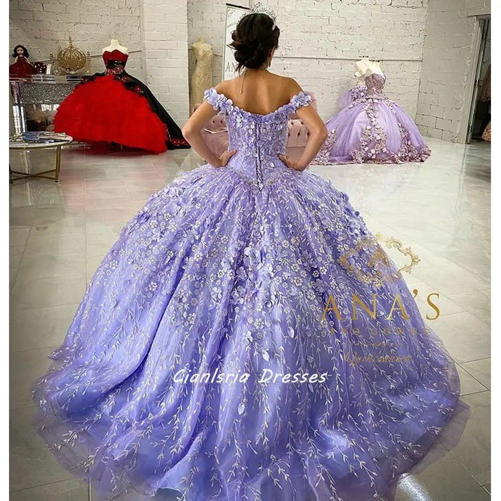 2023 Lavender Handmade Flowers Quinceanera Dresses Ball Gown Crystal Floral Lace Off The Shoulder Formal Party Sweet 16 Dress