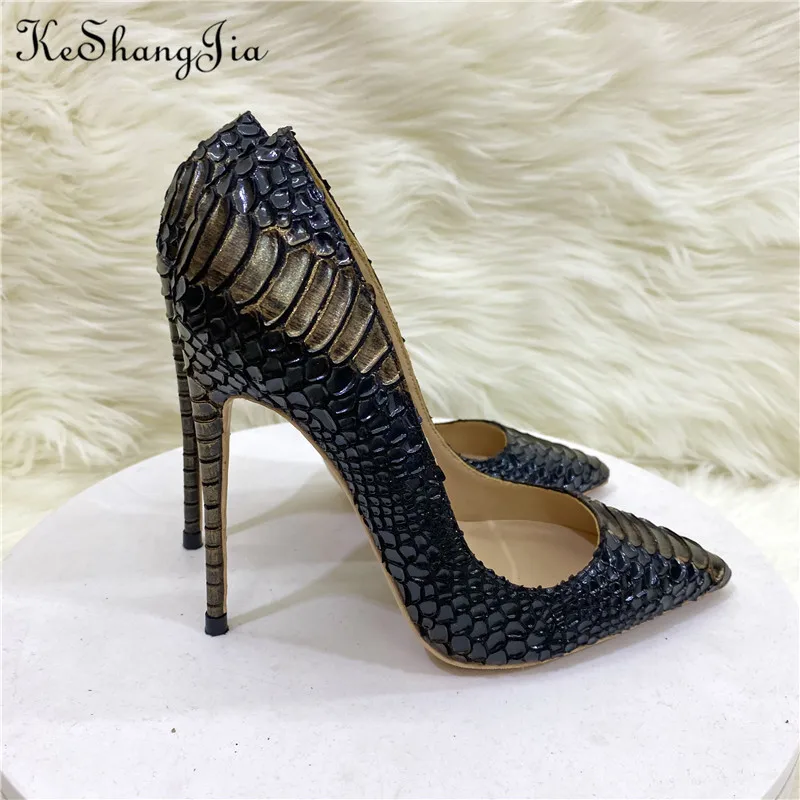 Ke Shang Jia Serpentine Pumps Lady 12cm High Heel Pointed Toe Shallow Sexy Party Fashion 10cm 8cm Black Snake Print Dress Shoe