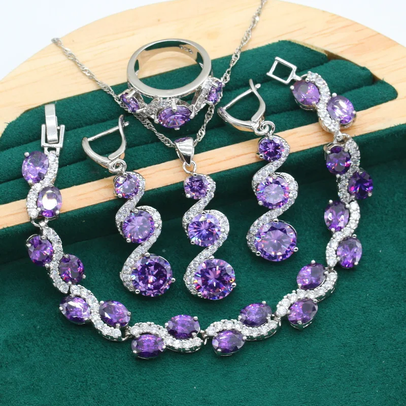 Classic Purple Topaz 925 Silver Jewelry Set for Women Wedding Bracelet Long Earrings Ring Necklace Pendant  Gift