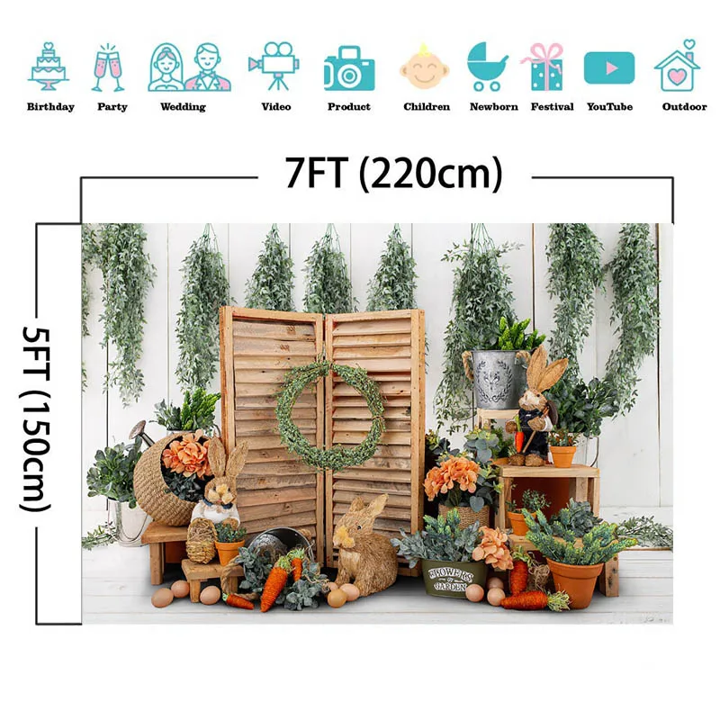 Easter Bunny การถ่ายภาพฉากหลังฤดูใบไม้ผลิดอกไม้พืชสีเขียวใบ Decor กระต่ายเด็ก Party Photcall ภาพพื้นหลัง Photostudio