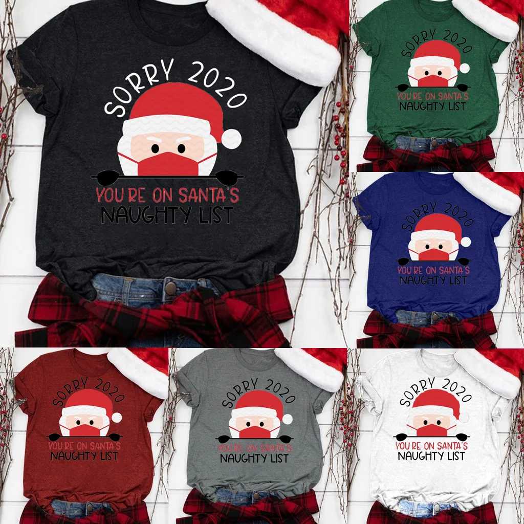 Sorry Women's T Shirt Round Neck Cut Graphic Tee Top Navidad Christmas Clothes You're on Santa's Naughty List Print Funny