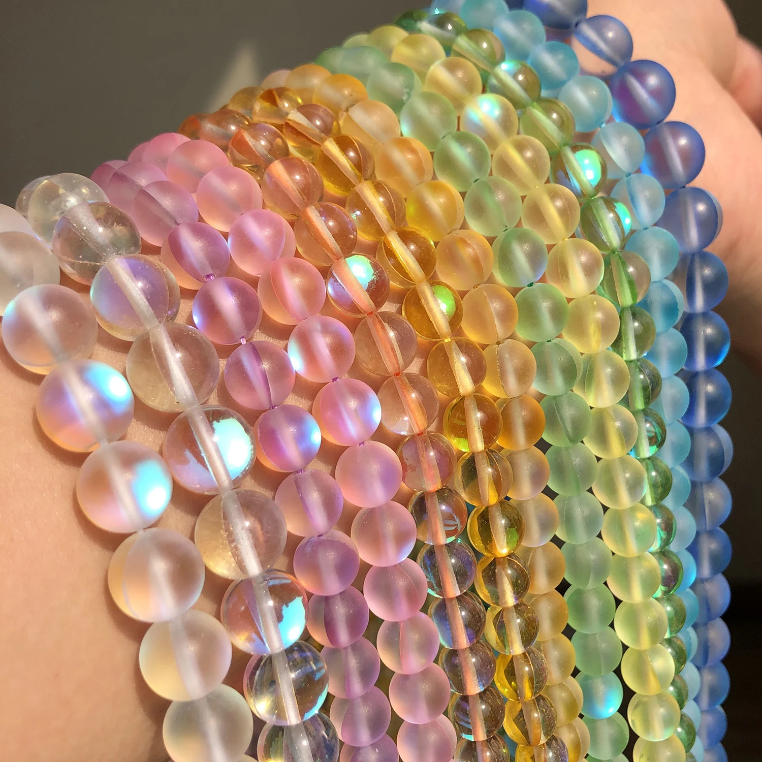 Matte Kristallglasperlen, gefrosteter Mondstein, glitzernd, rund, lose Perlen für die Schmuckherstellung, DIY-Halskette, Armband, 15 Zoll – Detail 4