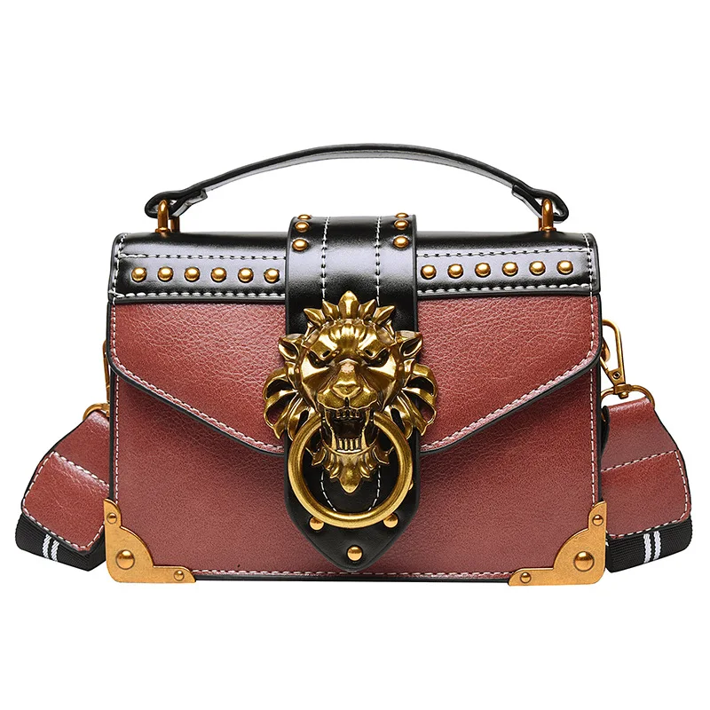 Retro Female Fashion Luxury Girls Handbags Crossbody Bags Woman Metal Lion Head Brand Shoulder Purse Mini Square Messenger Bag